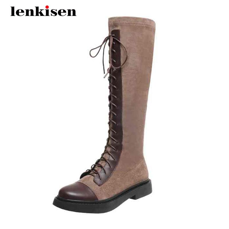 

Lenkisen motorcycle boots genuine leather mixed cloth cross-tied round toe thick low heel lace up leisure knee-high boots L93, Brown short