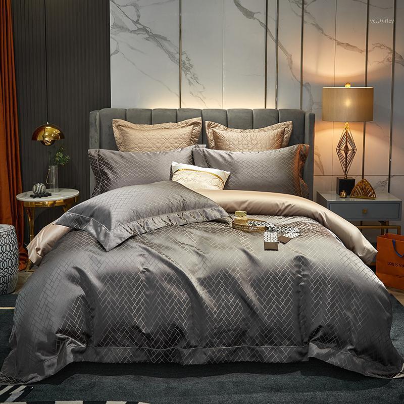 

4 Piece Duvet Cover Bed Sheets Pillowcases Weaved Plaid Jacquard Bedding Sets Queen King Size parure de lit 220 240 Grey Linens1