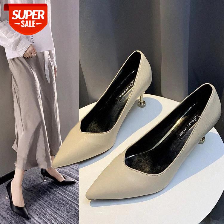 

MHYONS High-heeled women's fine with 2019 new wild shallow mouth pointed nude rivet professional temperament work shoes #5l2M, Black