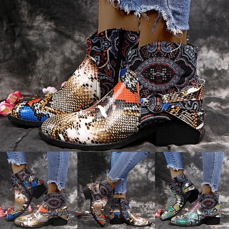 

Women Boots Large Size Ladies Fashion Autumn Winter Casual Snake Pattern Square Heels Zipper Embroidery Boots Round Toe Shoes, Gn
