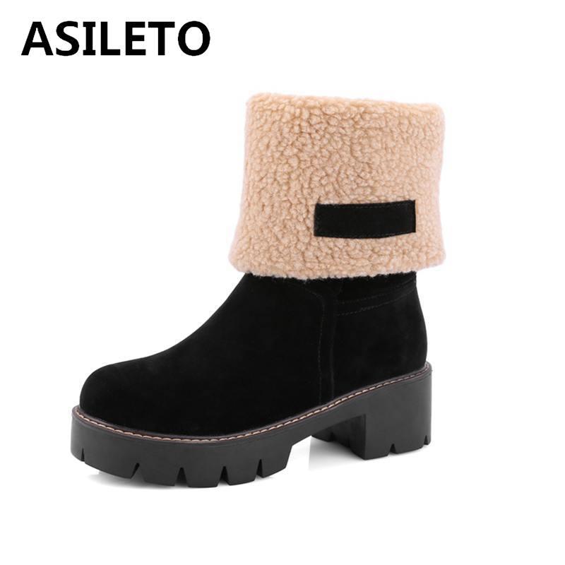 

ASILETO Women Boots Female Winter Shoes Woman Fur Warm Snow Boots High Heels Ankle for women bota feminina botas S714, Black 1