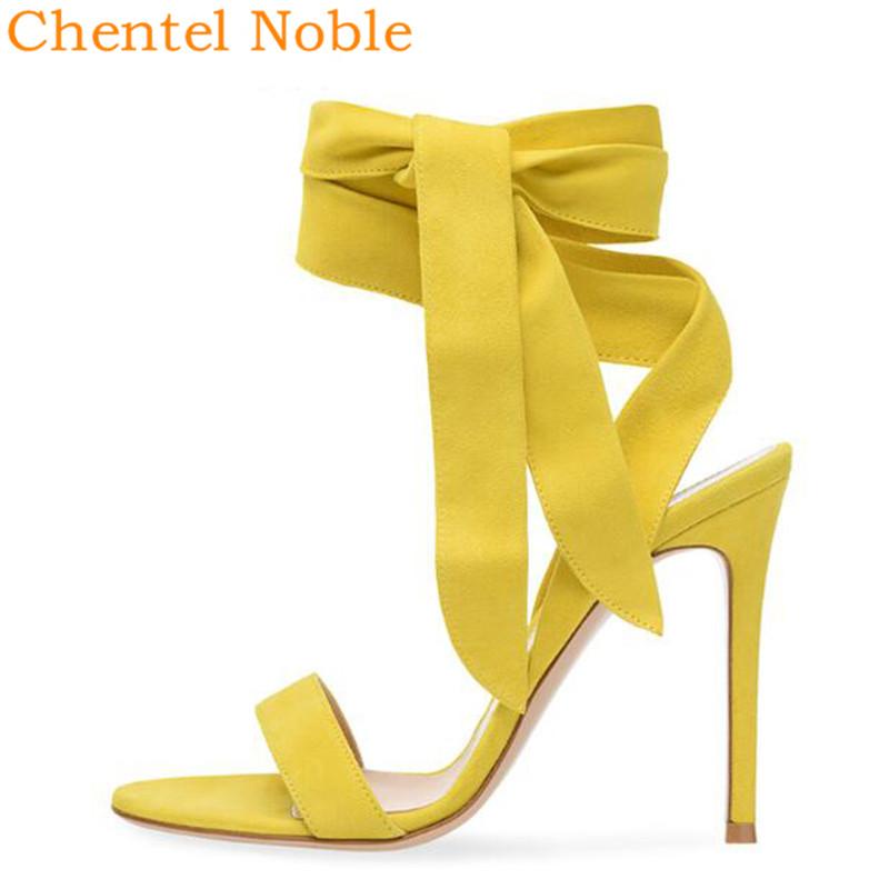 

2021 Newest Brand Chentel Noble Manual Flock High Heel Sandals Shoes Stiletto Ankle Strap Women Sandal Yellow Big Size Summer, As picture