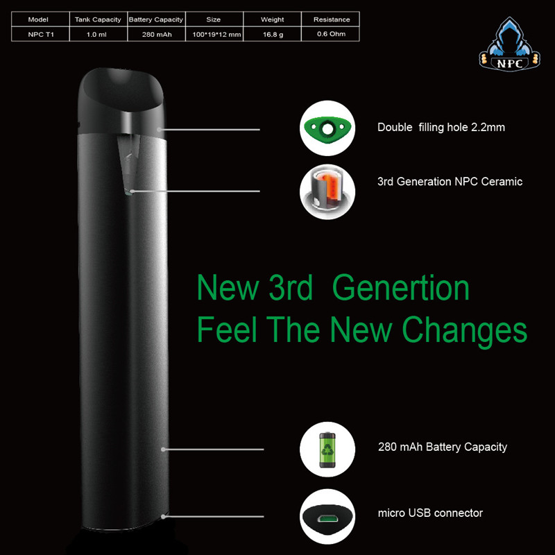 

Cigarettes NPC T1 Delte 8 Vape Pen Disposables Thick Oil Rechargable Disposable Ceramic Coil 280mAh 1ml 0.6ohm Doubl Filling Hole 2.2mm OEM&ODM Acceptable