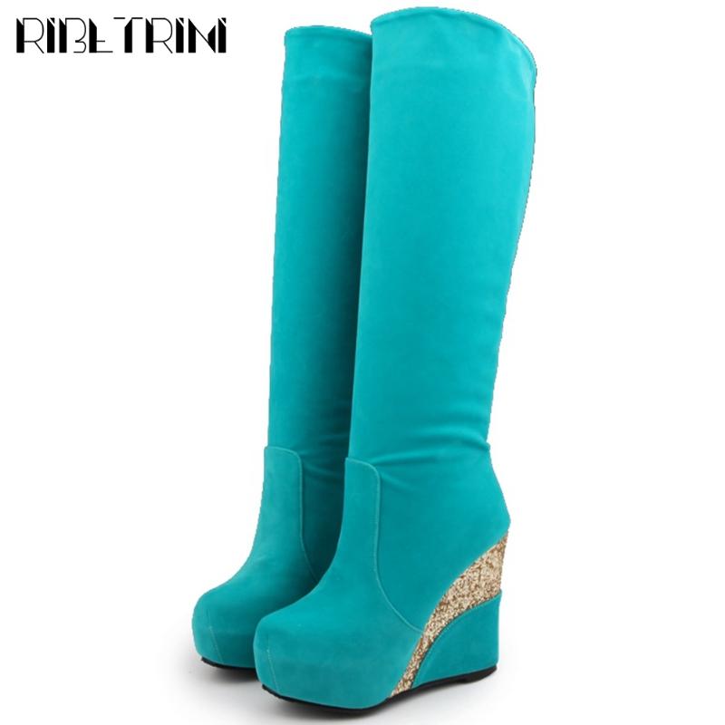 

RIBETRINI New Chic Big Size 43 Platform Wedges High Heels Cosy For Walking Keep Warm Knee High Boot Winter Shoes Boots Women, Red