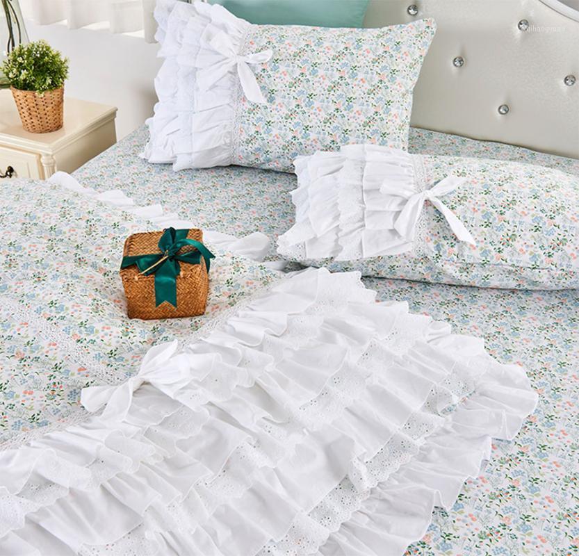 

Princess floral ruffle lace bed set, full queen king cotton green blue flower bedclothes bedspreads pillow case quilt cover1, Picture color