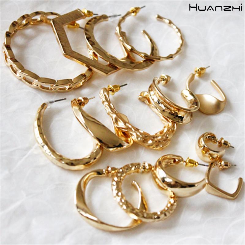 

HUANZHI 2020 New Simple Gold Metal Large Small Circle Irregular Geometric Round C shape Hoop Earrings for Women Girls Jewelry