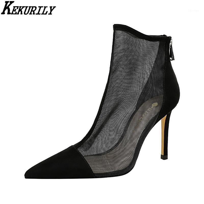 

2020 mesh patchwork Ankle Boots for Women Zip High Heels shoes laides Pointed Toe boot Fashion Zapatos De Mujer black apricot1
