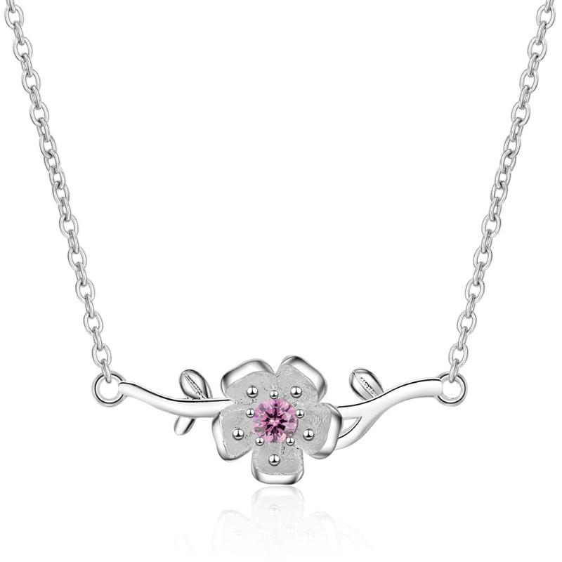 

Pink Flower 925 Sterling Silver Crystal Dainty Necklace For Women Female Korean Pendant Chain Fashion Jewelery 2020 Accesories