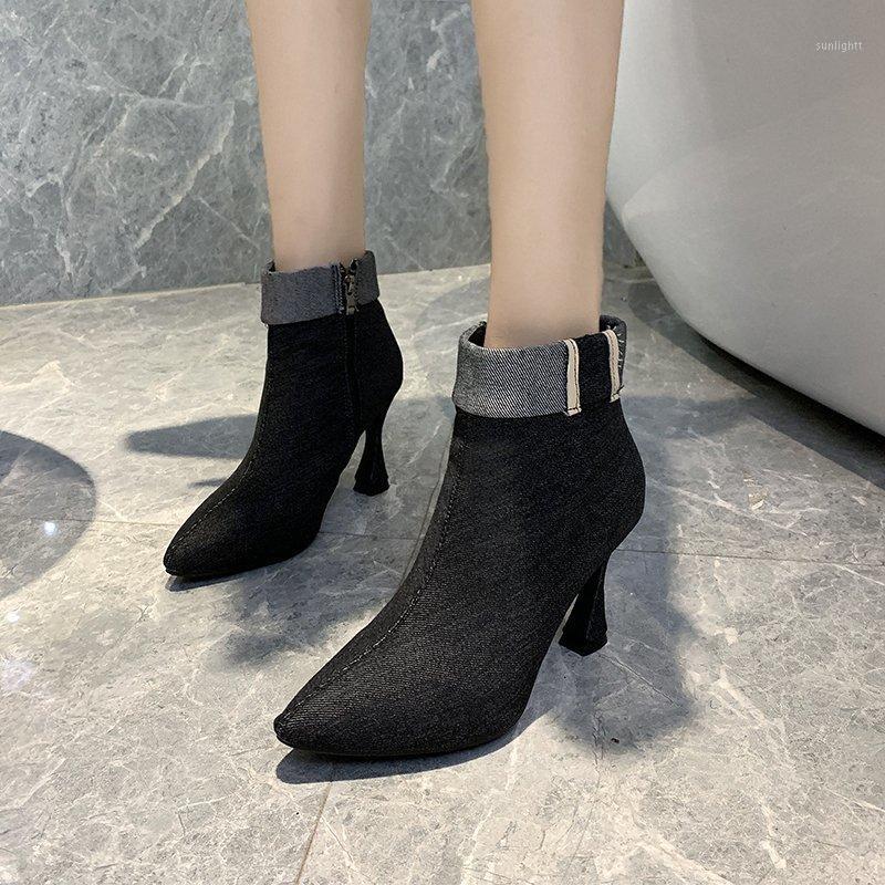 

2020 Hot Denim Boots Women Autumn Ankle for Shoes Woman Thin Heel Zipper Casual Female Ladies Botas Mujer Winter Zapatos Mujer1, Black