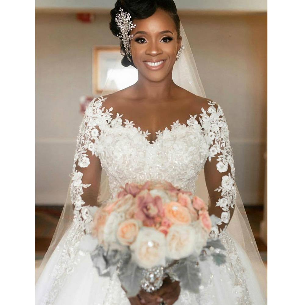 

2021 New Luxurious Lace Ball Gowns Wedding Dress Faceless African to the Floor Dressed As a Bride U0ZG, White