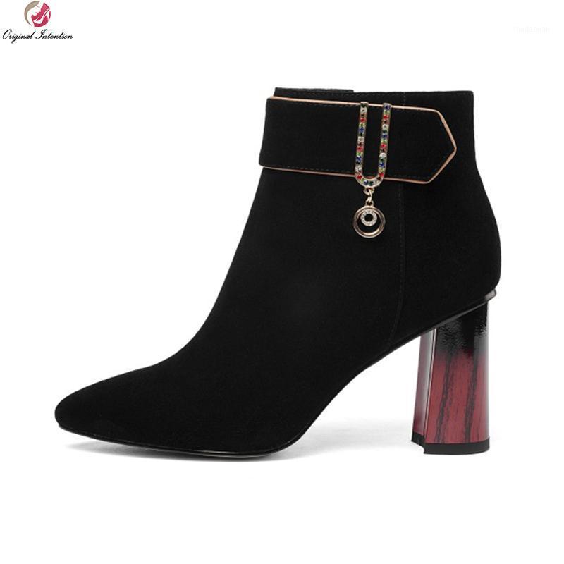 

Original Intention Super Elegant Women Boots Suede Pointed Toe Block Heels Boots Fashion Black Shoes Woman Plus US Size 3-10.51, Ef1518 black
