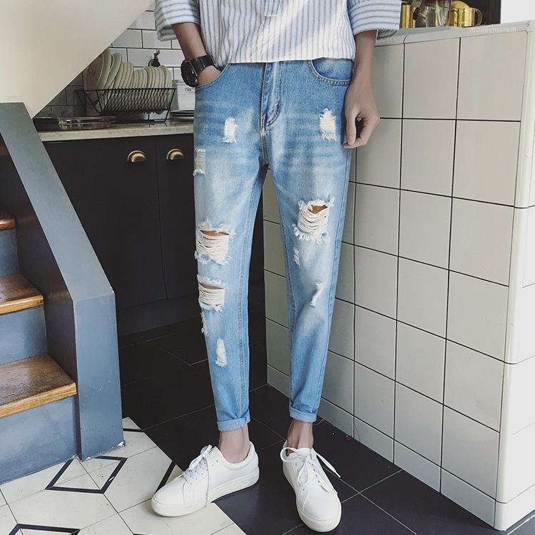 

Hole Summer Mens Jeans Brand Black Slim Fit Denim Jeans Ripped Ankle-length pant Homme Plus Size1, Blue