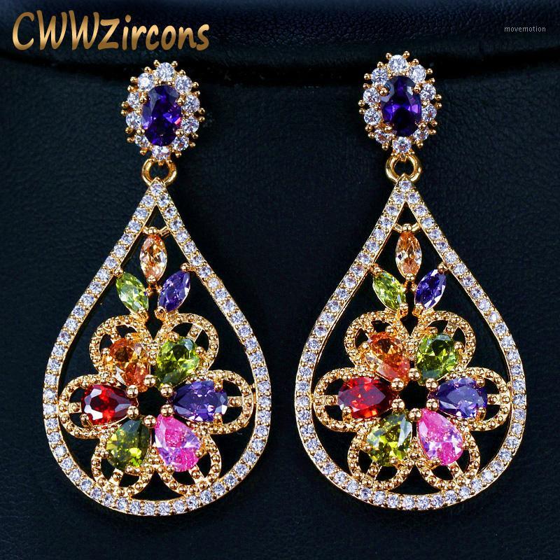 

CWWZircons Multi Purple Pink Green Color CZ Crystal Water Drop Gold Vintage Flower Long Dangle Earrings for Women CZ4131