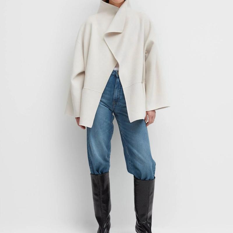 

Woman WOOL CASHMIRE Annecy jacket Big Lapel Collar dark grey melange / BLACK / ivory Fashion Short Coat