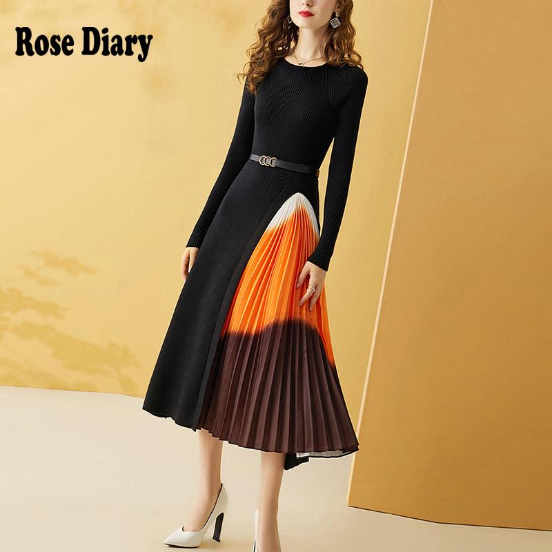

RoseDiary Zafual Vogue Knitting A Line Pleated Striped Party Night Dresses Women Winter Street Chic Fashion Vestidos Work Dress, Black