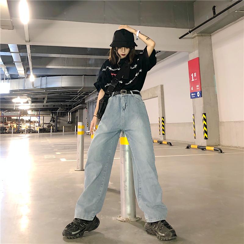 

Autumn/winter retro jeans washed loose loose slim casual straight trousers drape wild high waist fashion street jeans wome, Gray