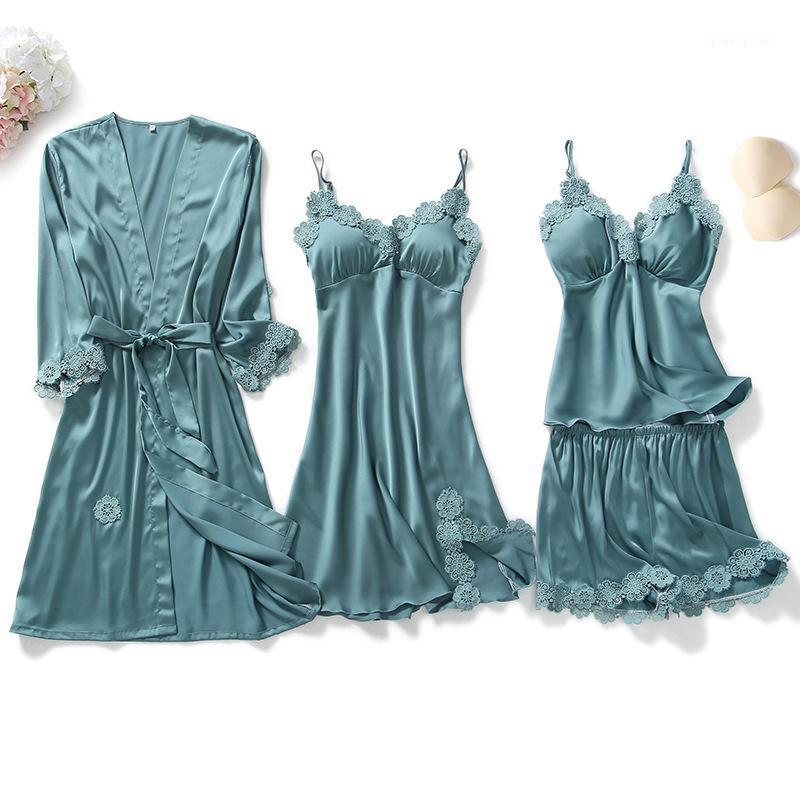 

4 Piece Lingerie Set with Robe Satin Sleepwear Women Floral Nightgowns Robes Negligee Sexy Bathrobe Pink Lounge Set Plus Size1, Blue