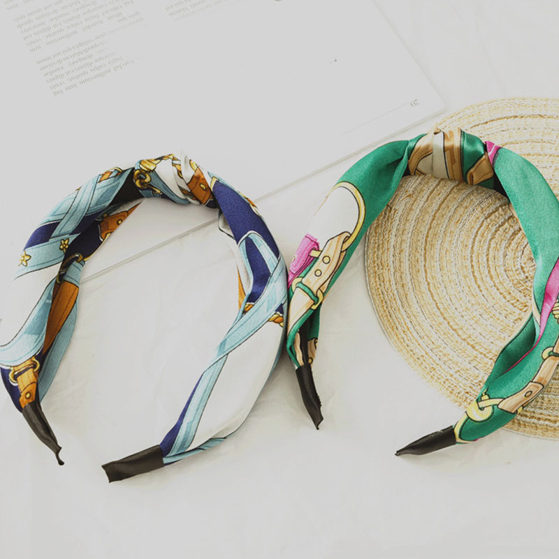 

Fashion Women Chain Print Headband Middle Knotted Cloth Fabric Head Hoop Wash Face Head Wrap Wide Hair Hoop Hair Accessories