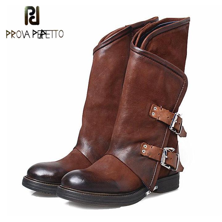 

Prova Perfetto Autumn Winter New Genuine Leather Low Heel Women Mid-calf Boots Round Toe Thick Bottom Comfortable Boots, Coffee plush in