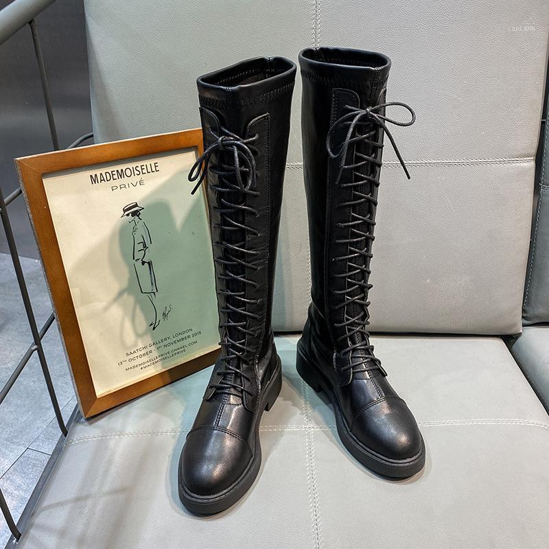 

Women Calf Mid Boots 2020 Autumn Female Combat Boots Gothic Shoes Stretch Leather Winter Women Black Warm Plush Sock1
