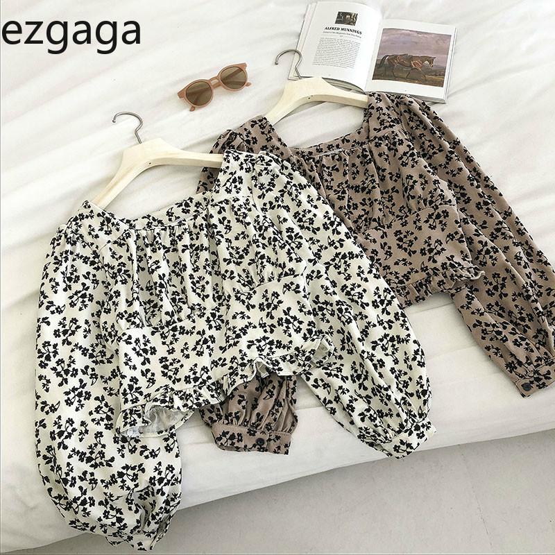 

Ezgaga Women Blouse Autumn Floral Print Square Collar Fuguns Slim Waist Long Sleeve Short Tops French Style Outwear Fashion, Blue