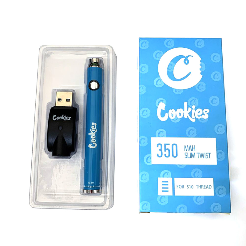 

2020 Hot Cookies Slim Twist Ecig Battery 350mAh Bottom Adjustable VV 3.3-4.8V Batteries for 510 thread Cartridge with USB Packaging