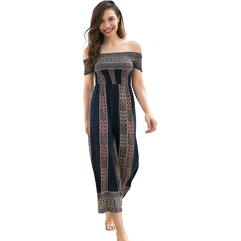 

2021 New Chin Bohemian Women Jumpsuits Sexy Boat Neck Off Floral Shoulder Print Wide Pants Long Summer Overalls IVZJ, Network