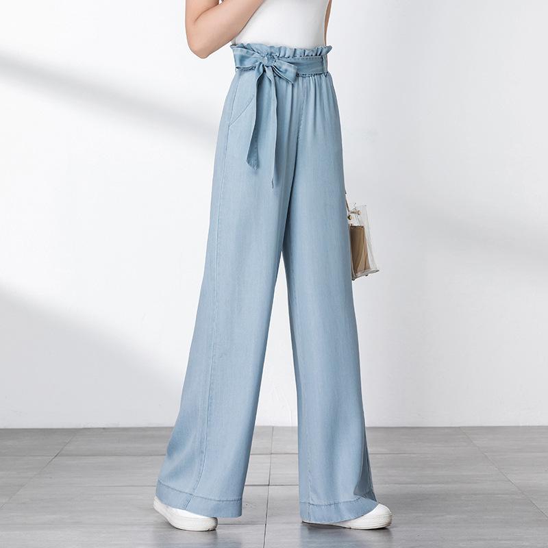 

of 2020 female trousers new elastic waist high waist jeans female mouth belt wide-legged pants 9123, Blue