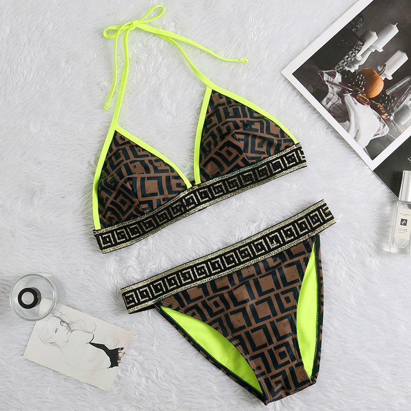 

Fashion brand bikini sexy neck strap FF letter print holiday swimsuit