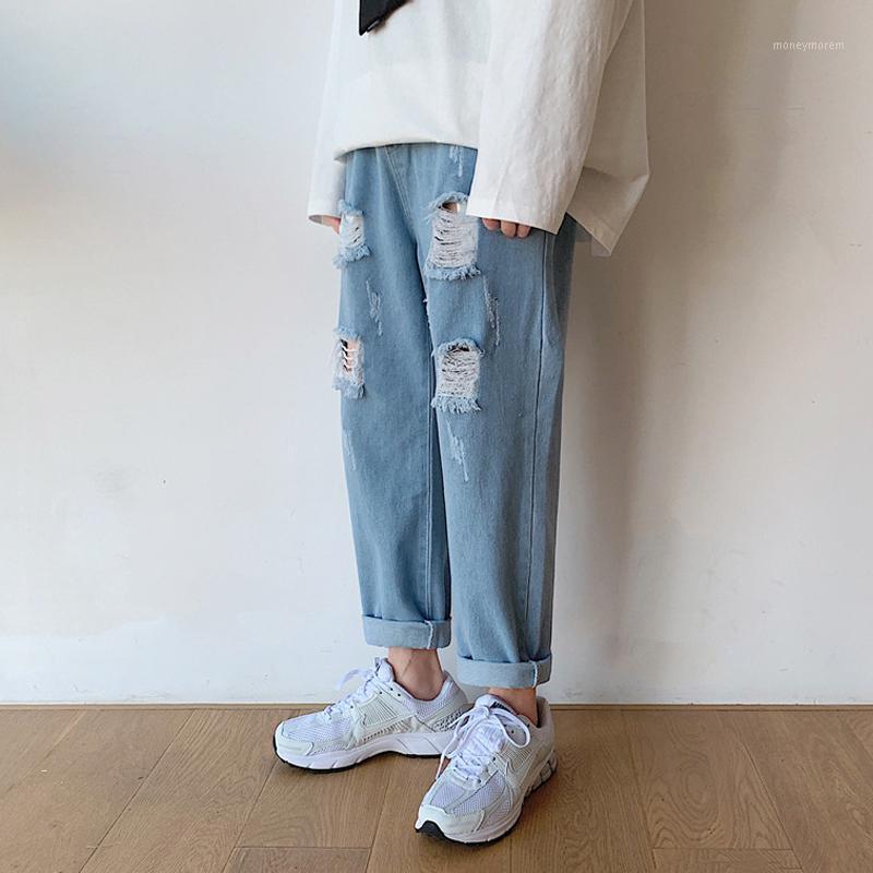 

Harajuku style boys' ins pants fashion loose jeans autumn Korean style straight pants all-match hole begging1, Blue