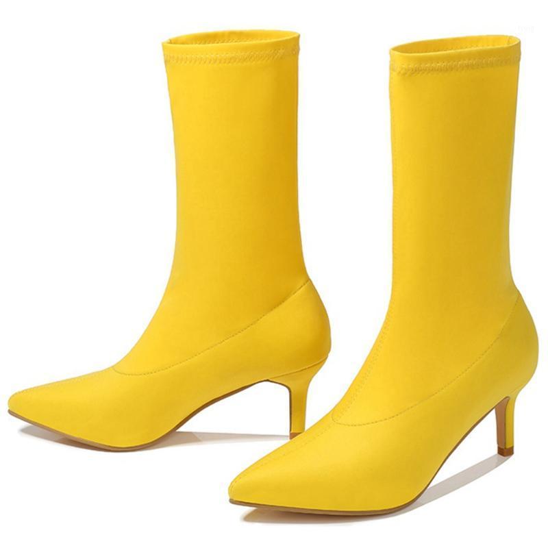

RIBETRINI Sexy Girl Solid Party Dress Shoes Pointed Toe High Heels Fashion Mid Calf Women Boots Consise Boots1, Yellow