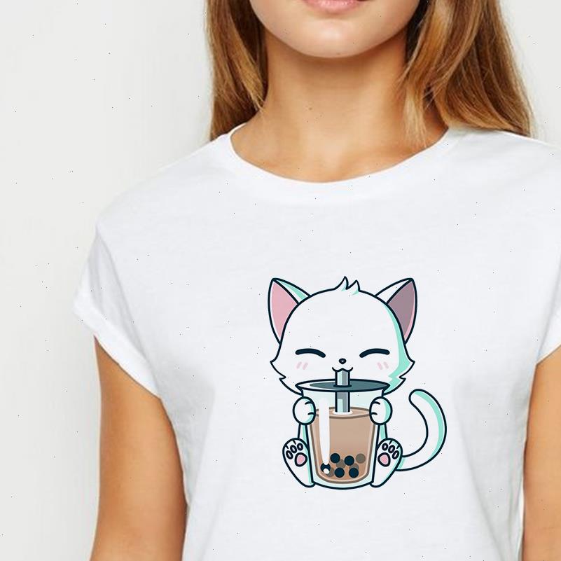

new t shirt women cat drinking tea with milk tshirt oversize spring summer easy matching round collar t shirts, White