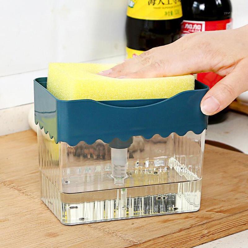 

2 In 1 Soap Dispenser Sponge Holder Kitchen Accessories Dishwashing Sponge Storage Box Detergent Plastic Box Push Soap Dish1