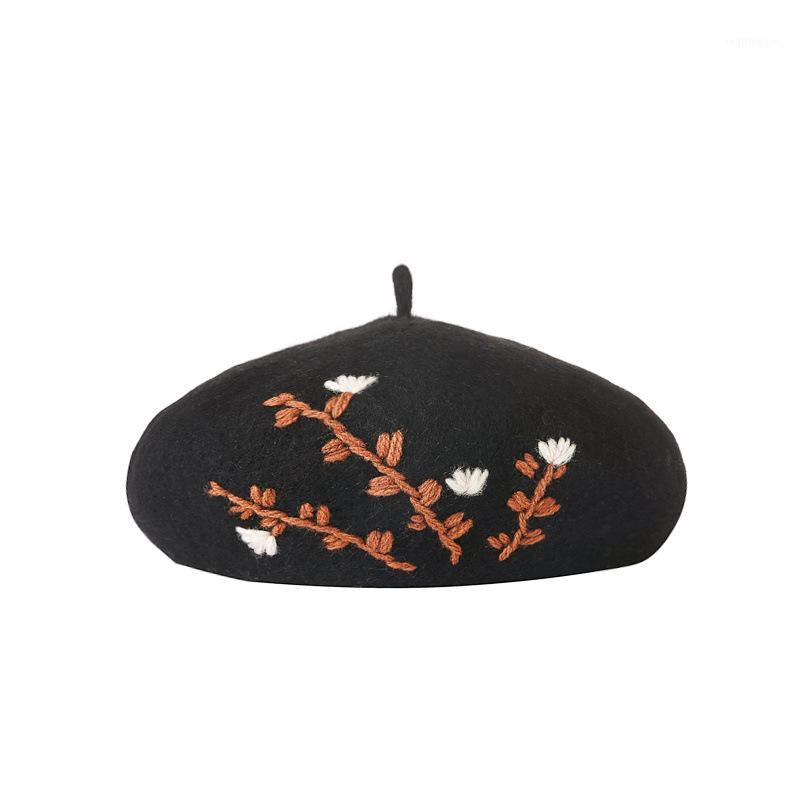 

Embroidered Flower Wool Beret Korean Autumn Winter Hats For Women Ladies Painter Cap Vintage Bonnet Beanie Chapeau Femme1, Black