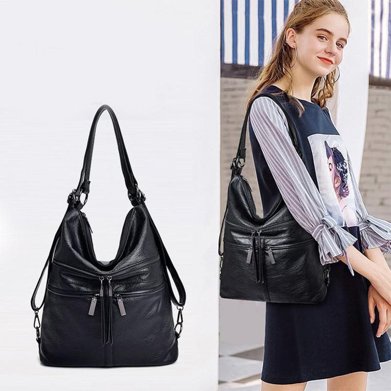 

New Women's Multifunction Retro Soft Leather Handbag Totes Female Casual Designer Shoulder Messenger Bags Big Capacity, Black