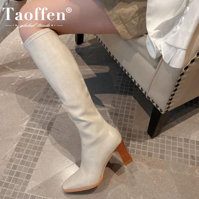 

TAOFFEN Women High Heel Boots Stone Pattern Thick Heel Woman Winter Long Boots Fashion Shoes Women Footwear Size 33-40, White