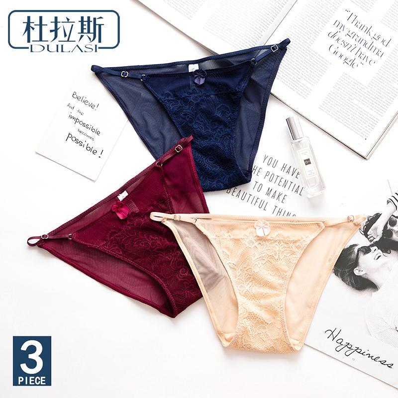 

3pcs/lot DULASI Sexy Panties Women Mesh G-String T-Back Thong Underwear Seamless Lace Trensparent Panty Low-Rise Cotton Bikini1, Black d-blue winered