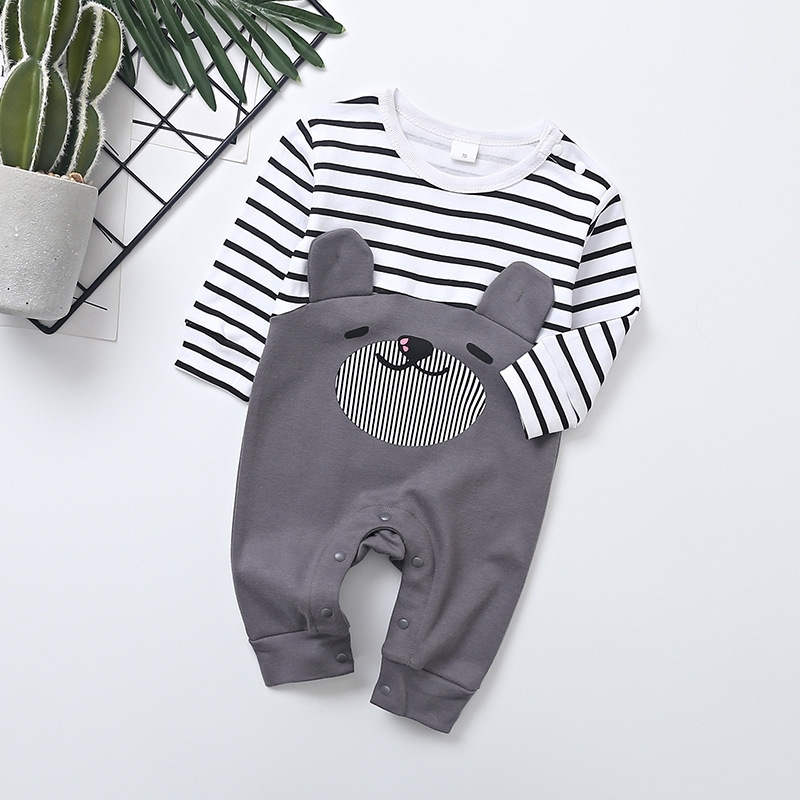 

Baby Boys Girls Romper Cotton Long Sleeve Striped stitching cartoon bear Jumpsuit Infant Clothing Autumn Newborn Baby Clothes 201127, Beige