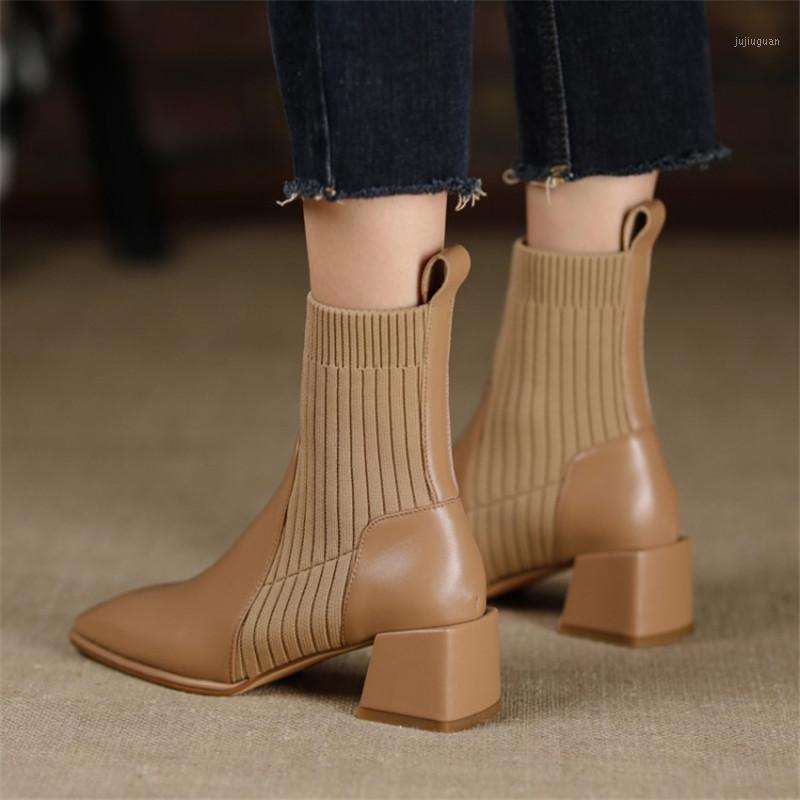 

PXELENA Plus Size 34-42 Genuine Leather Knitting Socks Ankle Boots Women Block Med Heels Square Toe Shoes Autumn Winter Spring1, Apricot autumn