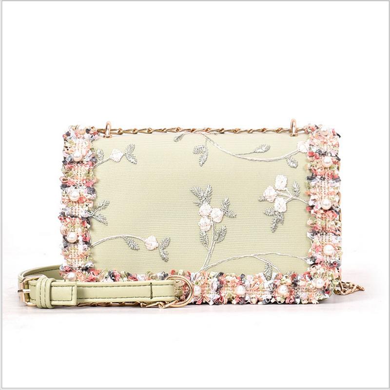 

2021 new fashion small bag female autumn Korean versatile messenger bag women's chain women's shoulder embroidery Chines, Green