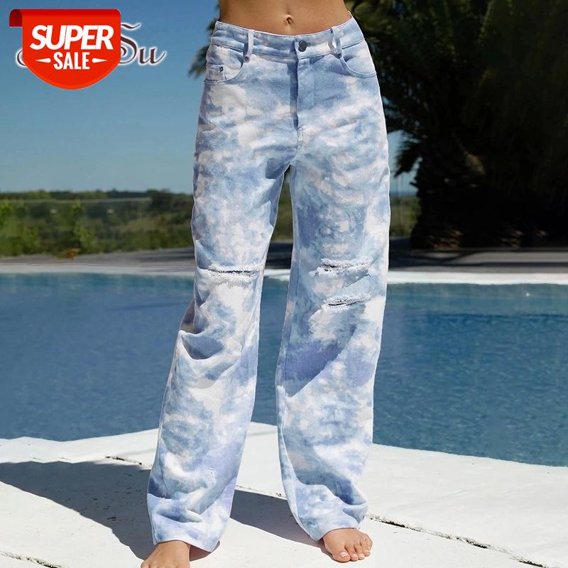 

ArtSu Fashion Tie Dye Ripped Baggy Jeans E-Girl Vintage Wide Leg High Waist Y2K Trousers Autumn Denim Pants Streetwear PA52401 #WP0u, Black;white