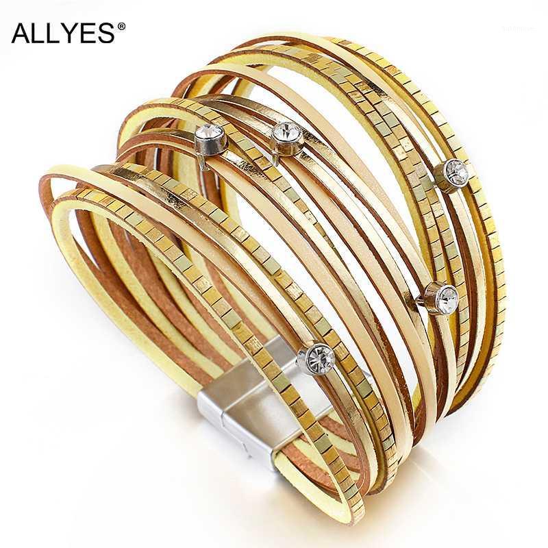 

ALLYES Multilayer Genuine Leather Bracelet Unisex Rhinstone Boho Champagne Wrap Bracelets Fashion Jewelry for Women1