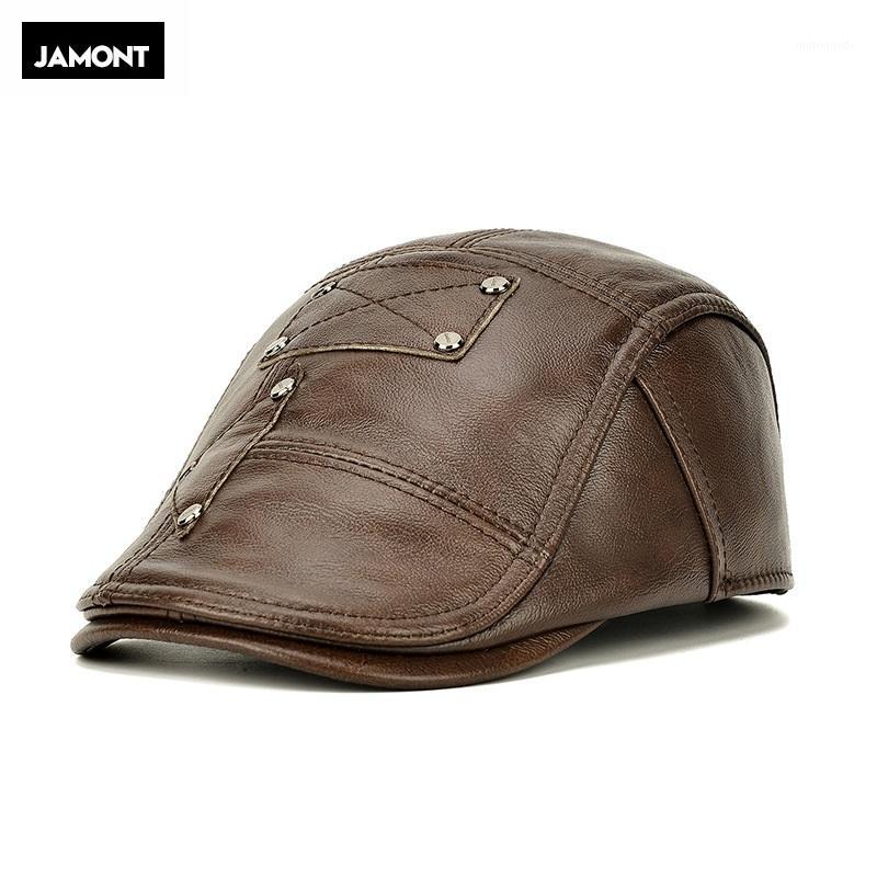 

JAMONT 2020 Flat Caps Men Real Cowhide Leather Hats Berets Earflaps Black Casual Directors Cap Male Vintage Winter Driving Caps1, Light brown