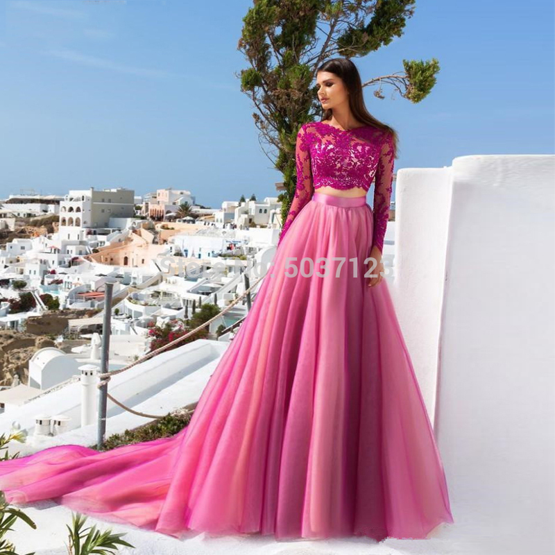 

2020 Hot Pink Two Piece Prom Dresses Lace Long Sleeves A-line Appliques Tulle Long Formal Party Evening Gown Vestidos de festa, Blue