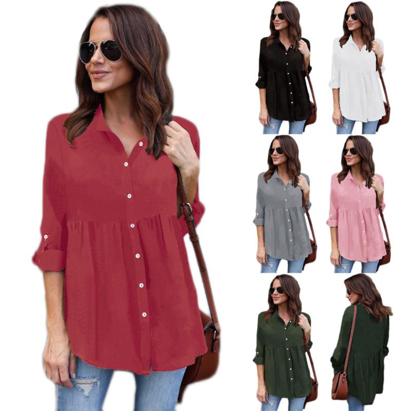 

2021 Autumn Women Casual Blouses Long Sleeve Ruffled Shirts Buttons Loose Solid Colour Work Tops Lady Blouse Shirt, White