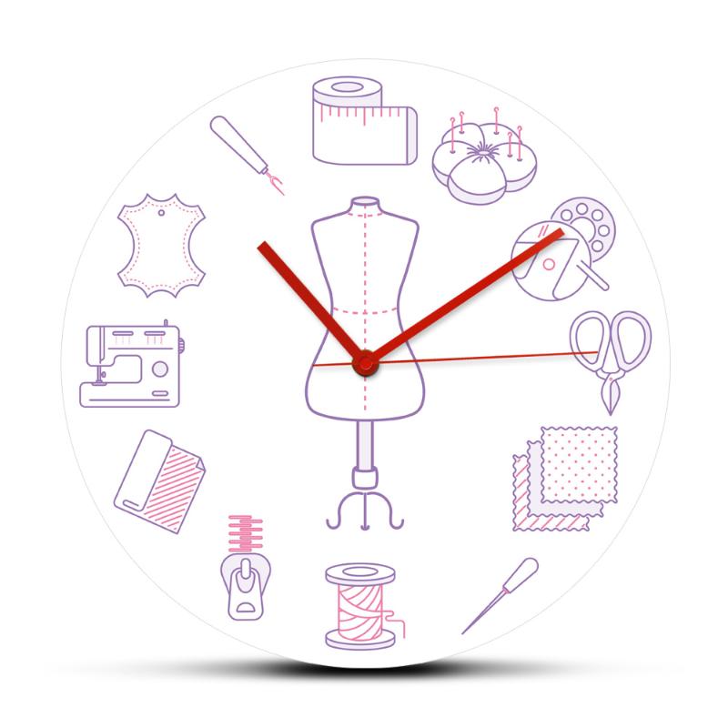 

Thin Lines Sewing Icons Print Wall Clock Sewing Machines Needles Scissors Non Ticking Wall Art Decorative Watch Gift For Tailor