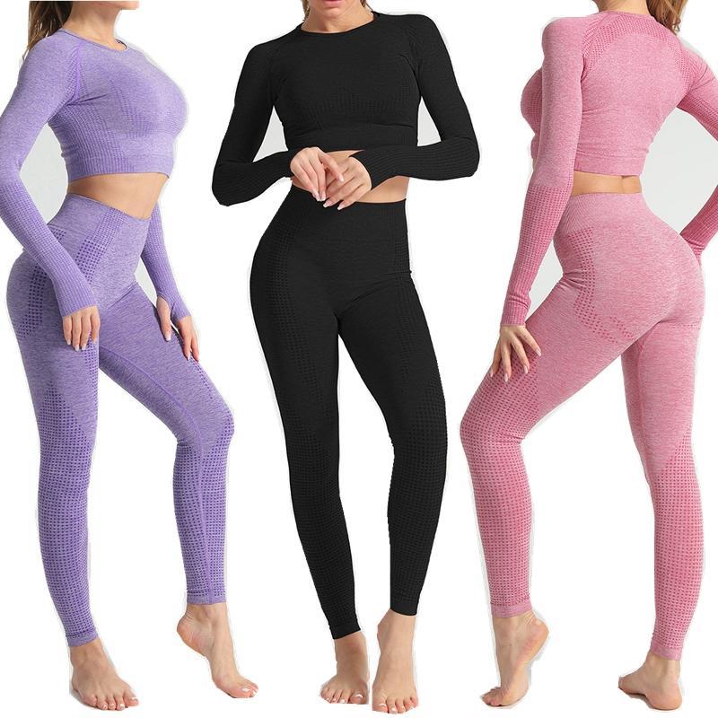 

Women Seamless yoga set Fitness Sports Suits GYM Cloth Yoga Long Sleeve Shirts High Waist Running Leggings Workout Pants Shirts, Black