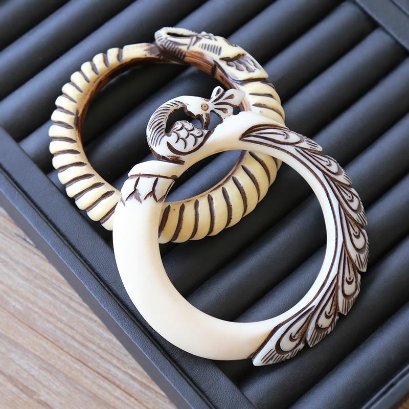 

Bangle Charming Handcraft Handmade Yak Bone Bracelet Carved Elephant Peacock Fixed Ring Mouth