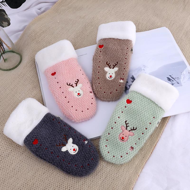 

2020 Lovely Ladies Cartoon Deer Knitted Double Thicker Plus Cashmere Mittens Women Winter Warm Full Finger Soft Cute Gloves