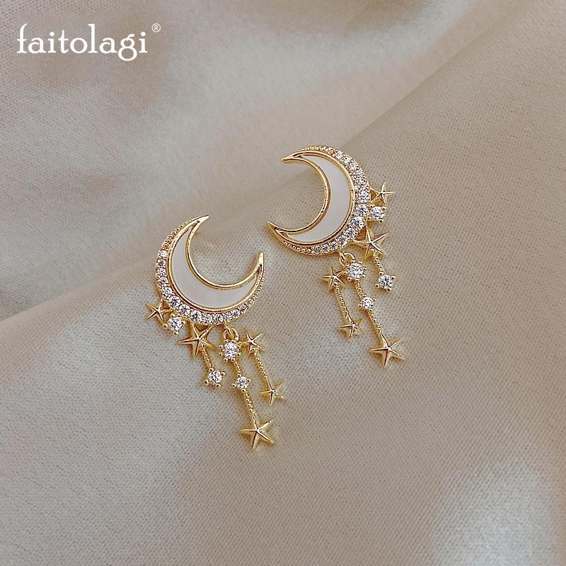 

Unique Moon Star Tassel Earrings Shine Rhinestone Crescent Drip Glaze Geometric Piercing Stud Earrings For Women Wedding Jewelry